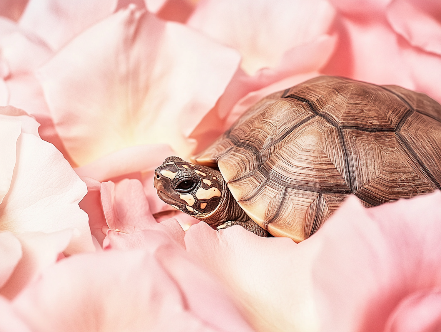 Tortoise Among Pink Petals