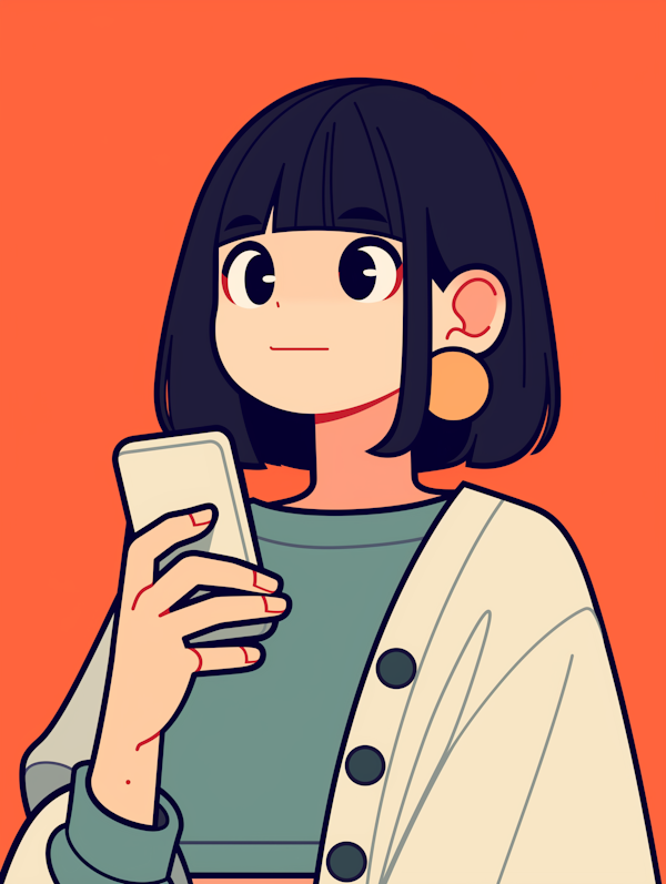 Cartoon-style Illustration of a Young Person with Smartphone