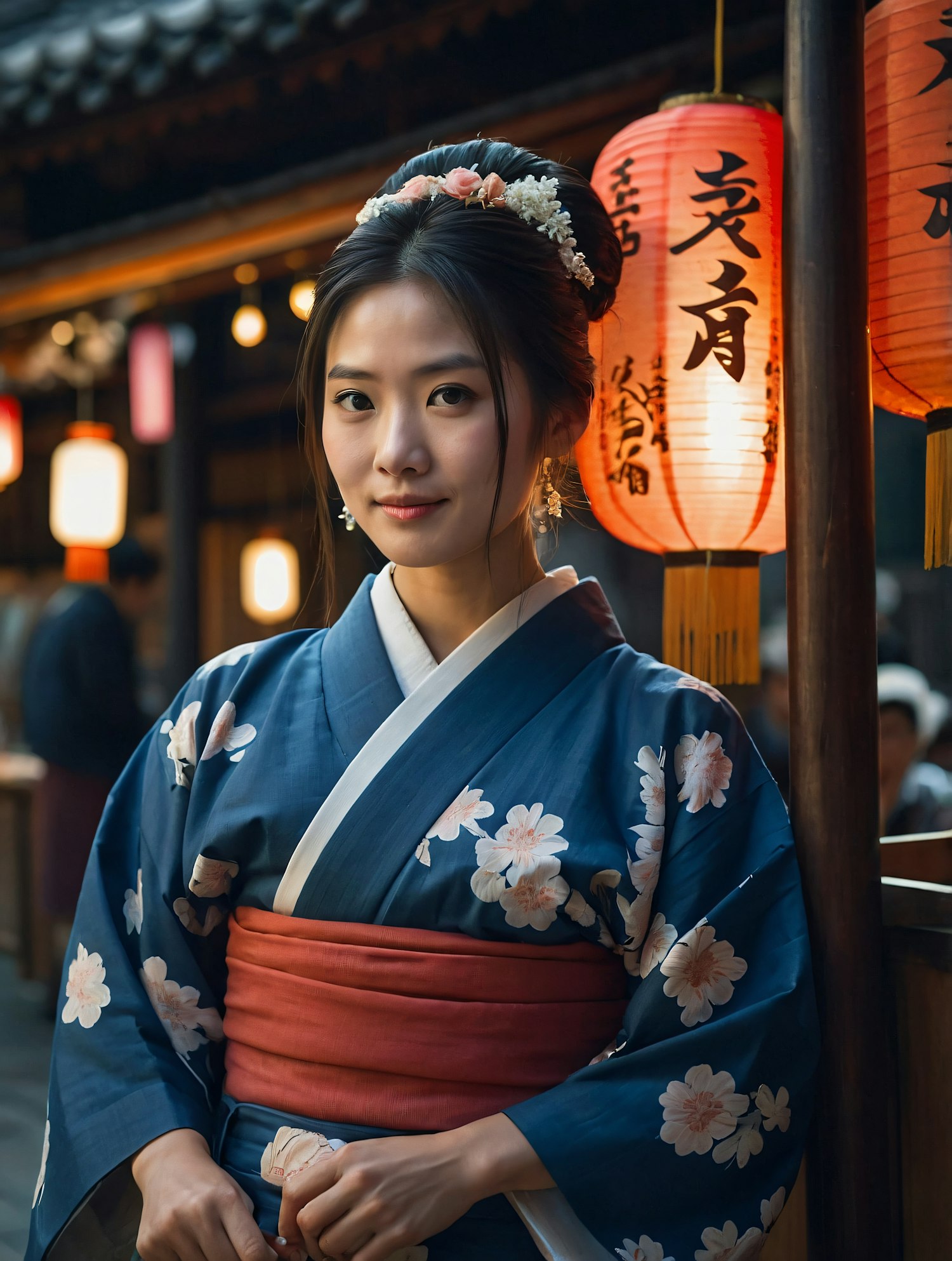 Woman in Traditional Kimono with Lanterns