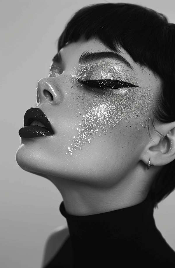 Monochrome Portrait of Glitter-Adorned Woman