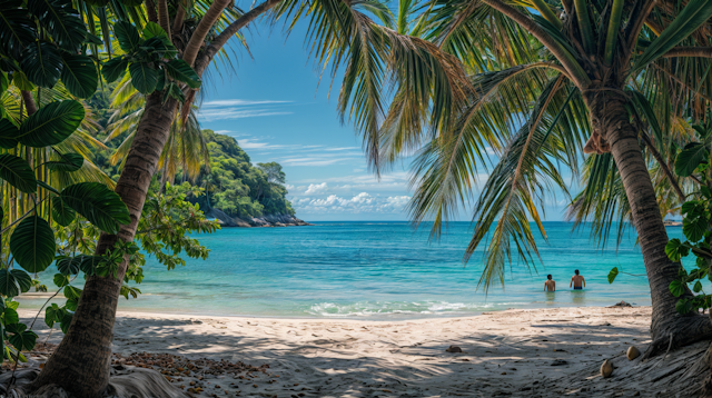 Serene Beach Scene with Palm Trees and Two People