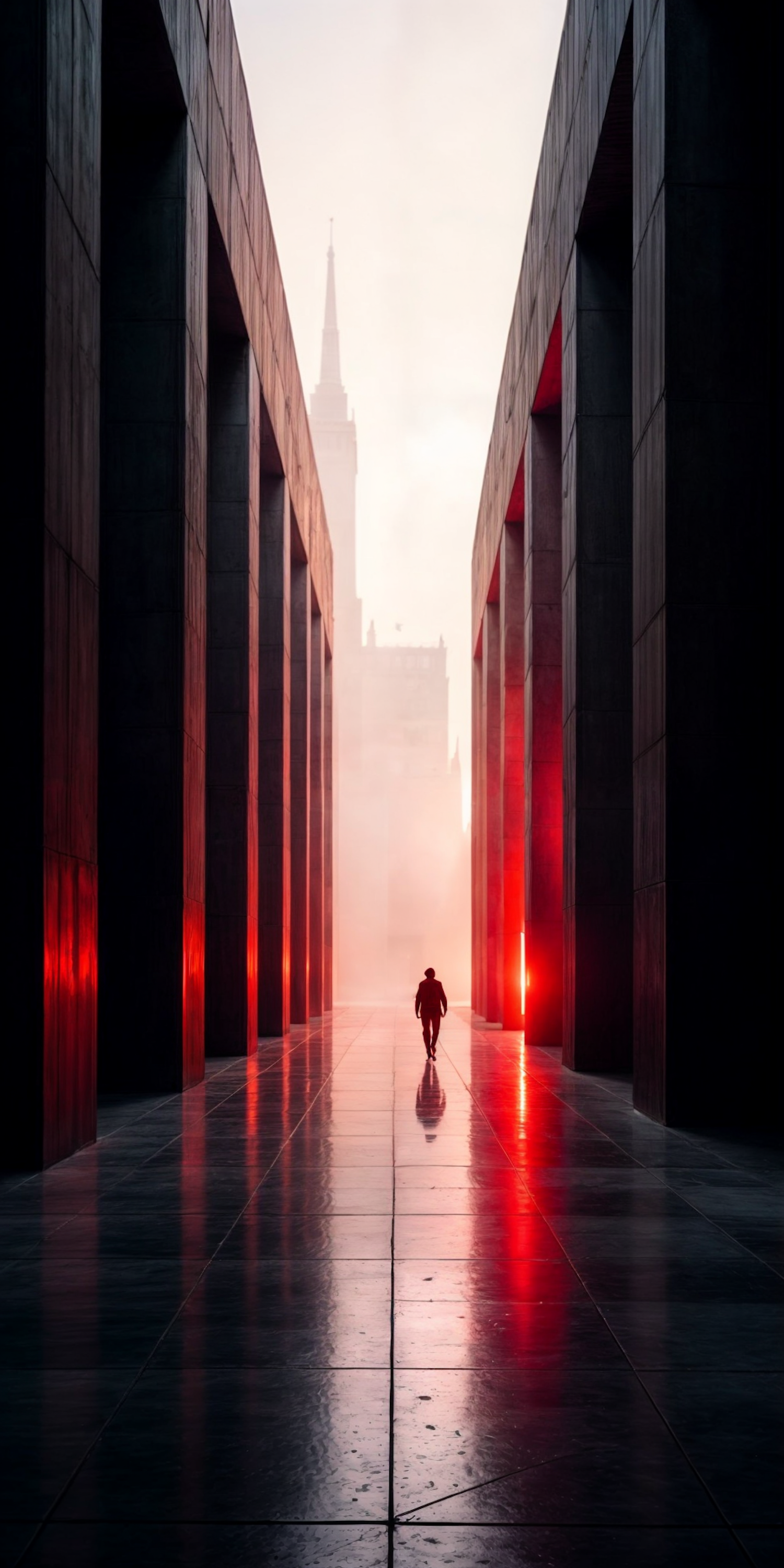 Solitary Figure in Dramatic Corridor