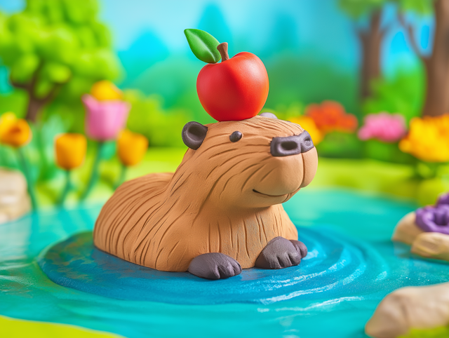 Clay Capybara with Apple in Garden