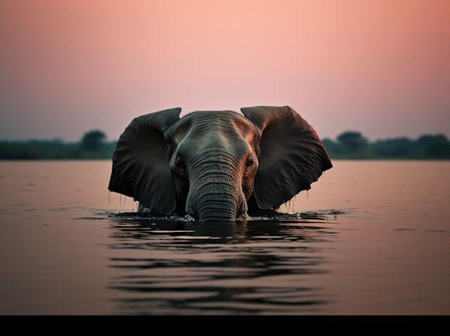 Serene Dusk Bather: An Elephant's Submerged Tranquility