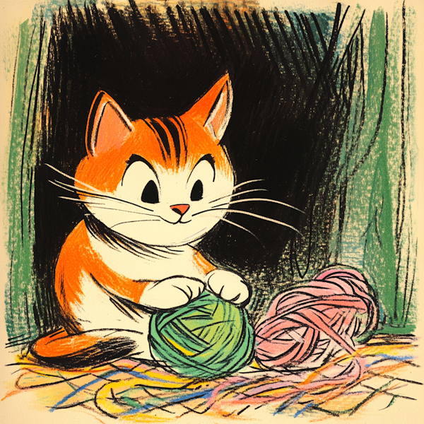 Playful Cat with Yarn Illustration