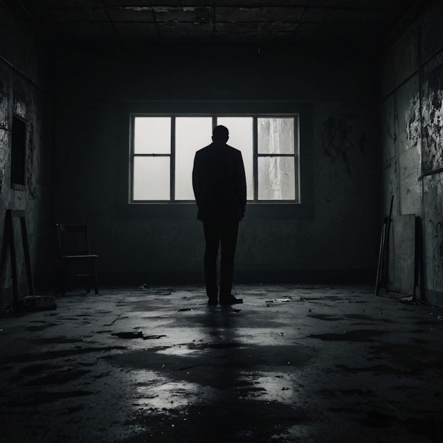 Contemplative Silhouette in Abandoned Room