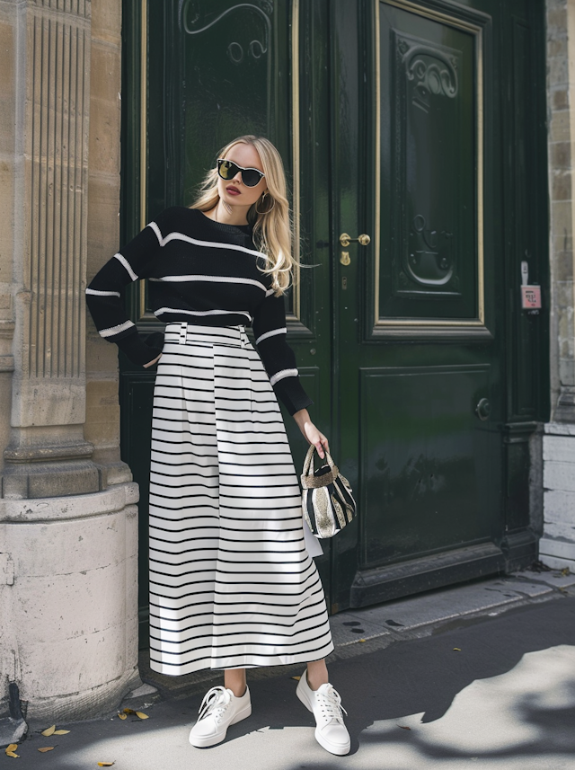 Stylish Woman in Black and White Outfit with Green Door Background