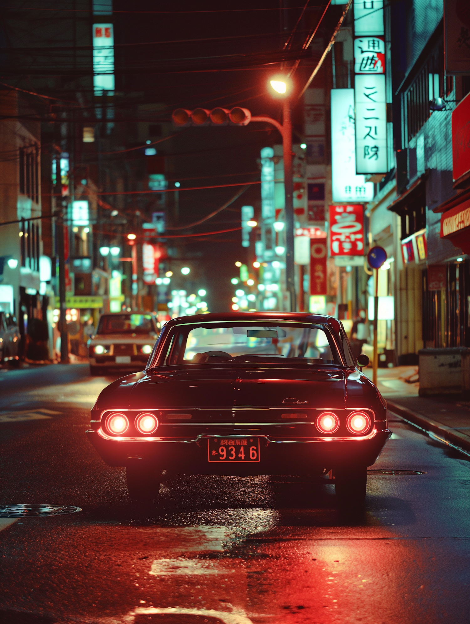 Classic Car on Wet City Street at Night