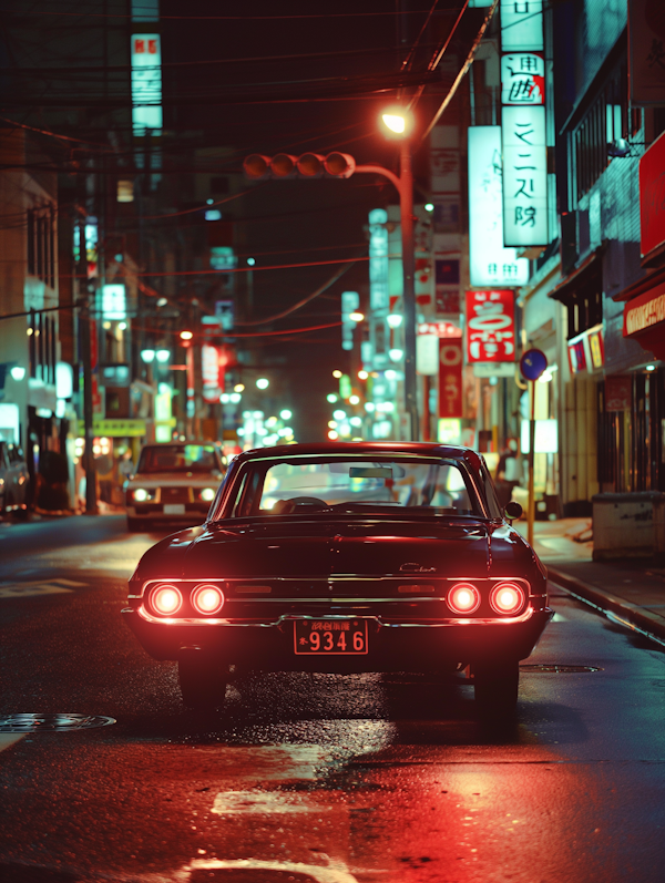 Classic Car on Wet City Street at Night