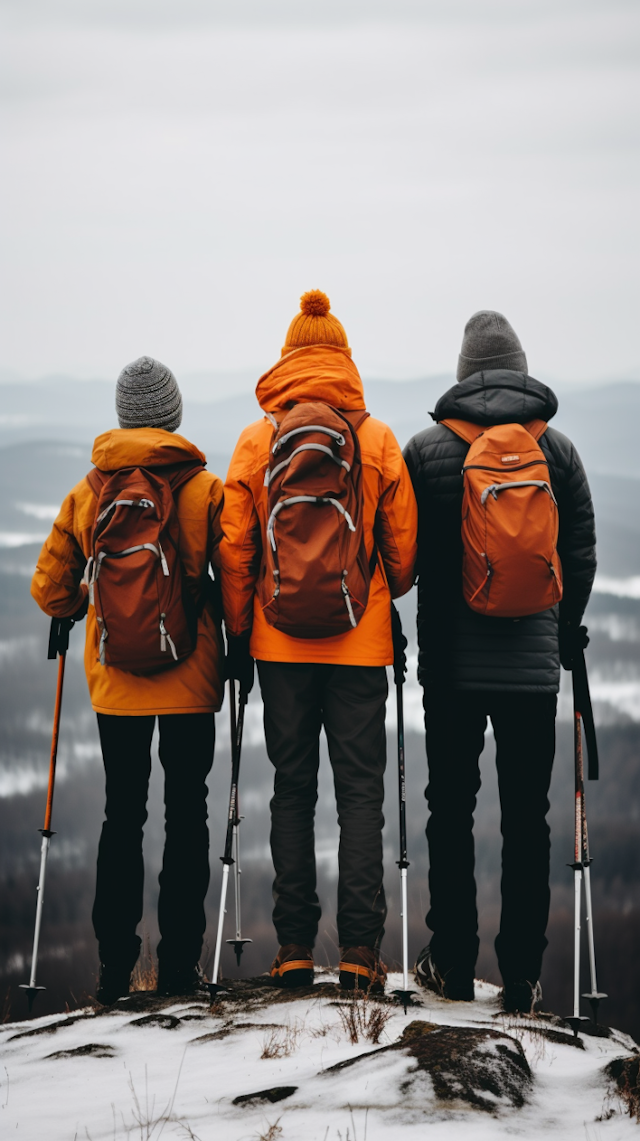 Team of Three in Contemplation on Snowy Mountain