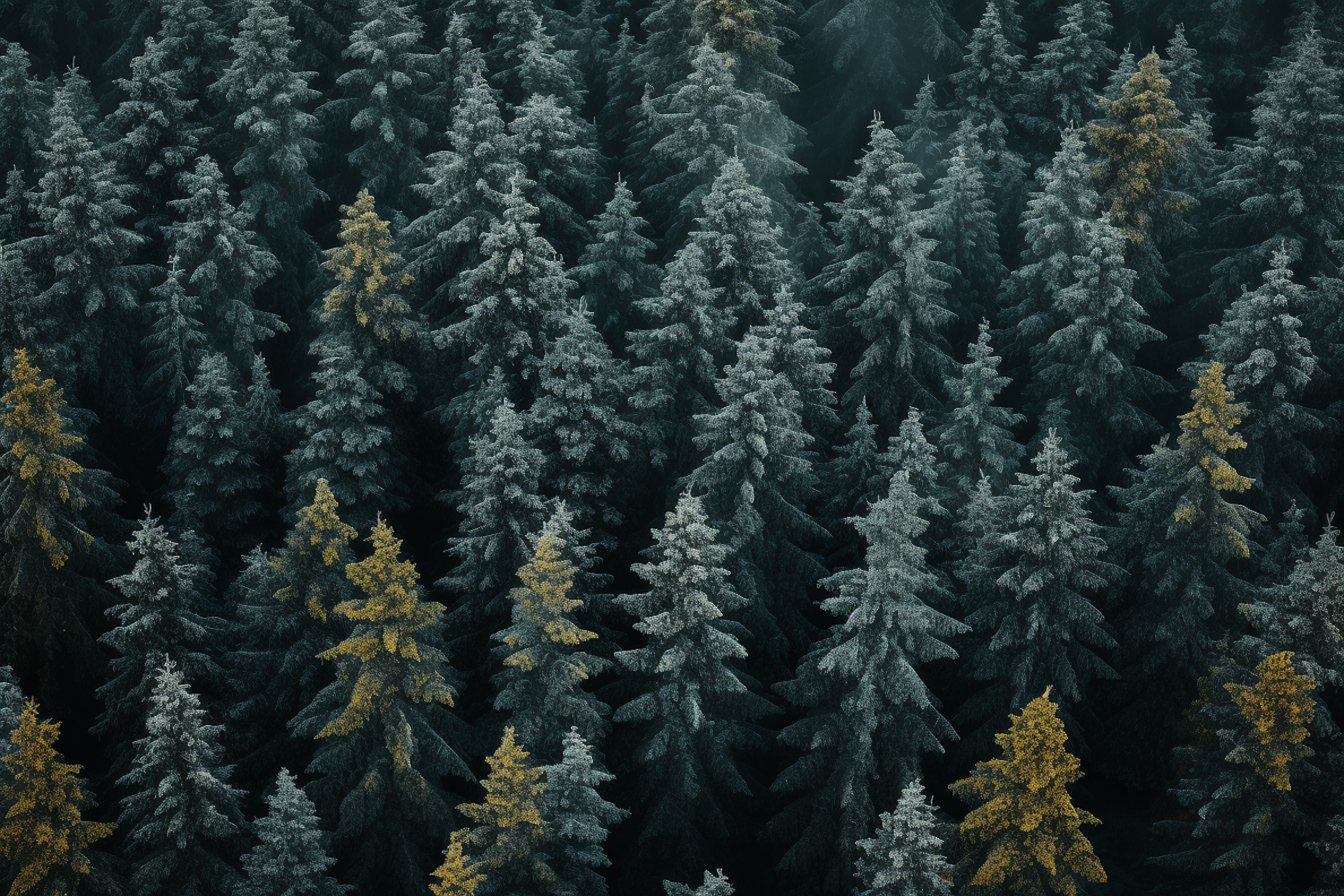 Aerial Serenity of Frost-Kissed Coniferous Expanse