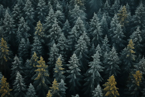 Aerial Serenity of Frost-Kissed Coniferous Expanse