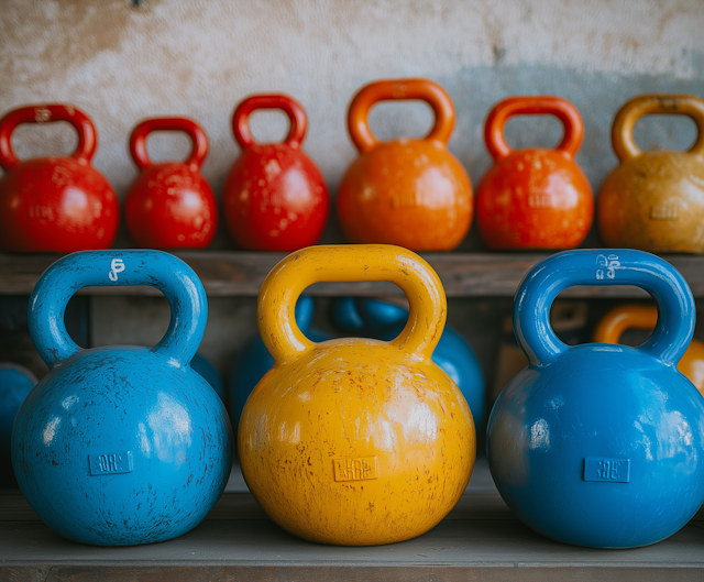 Colorful Kettlebells on Wooden Shelf