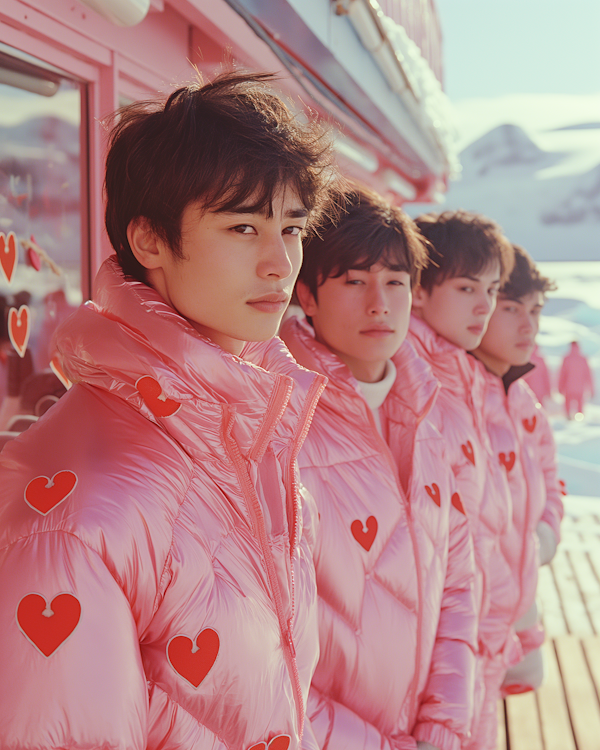 Pink Puffer Jackets in Snowy Mountain Setting