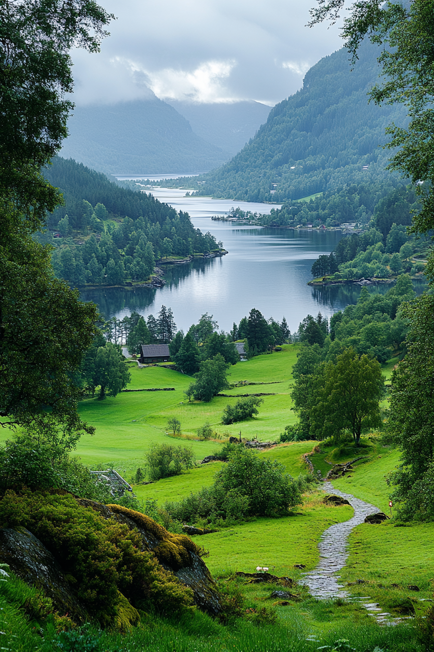 Serene Landscape with Lake and Forested Hills