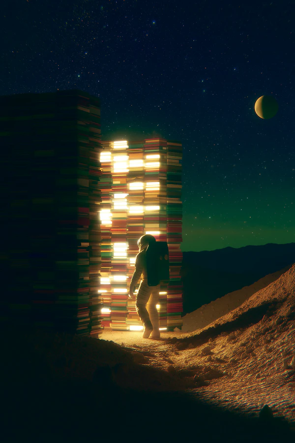 Astronaut and Glowing Books