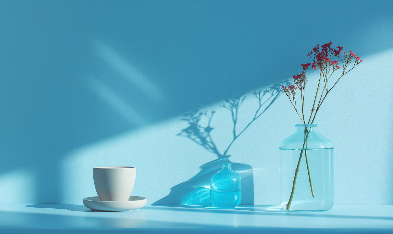 Tranquil Blue Still Life with Red Flowers