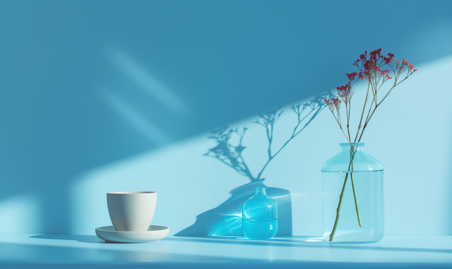 Tranquil Blue Still Life with Red Flowers