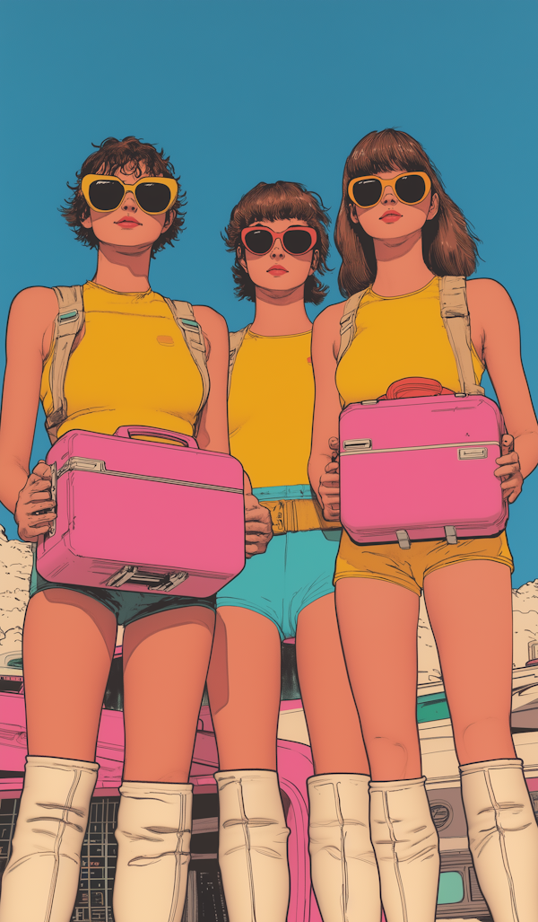 Three People with Pink Suitcases