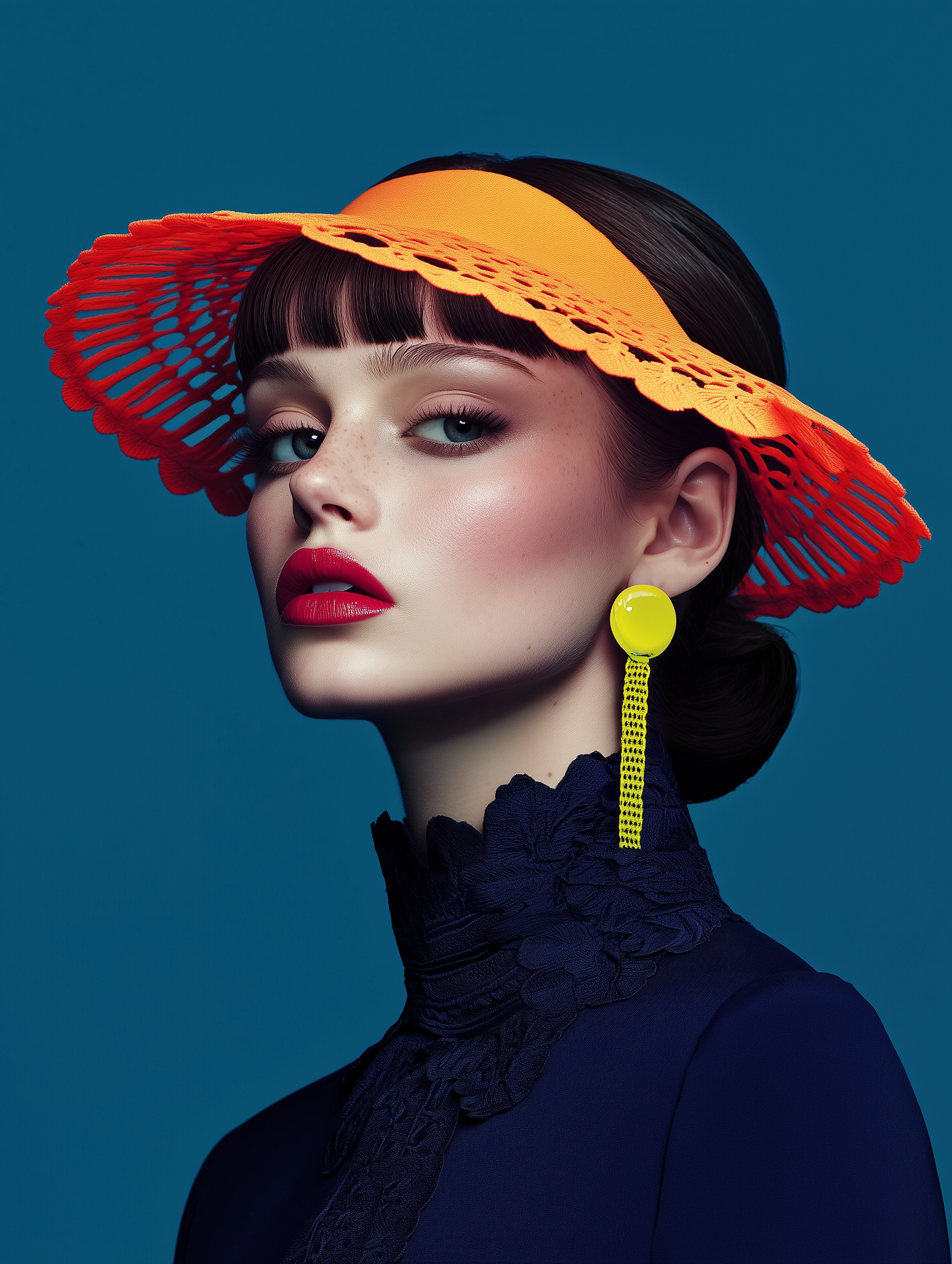 An editorial fashion portrait in bold colour