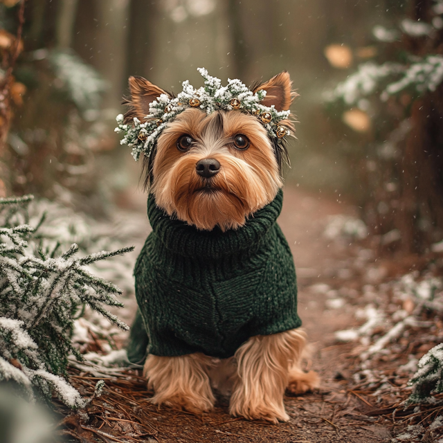 Festive Dog in Winter Forest