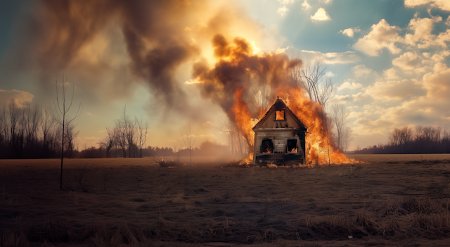 Rural House Fire at Dusk