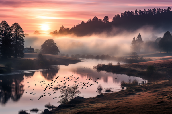 Twilight Serenity with Birds in Flight