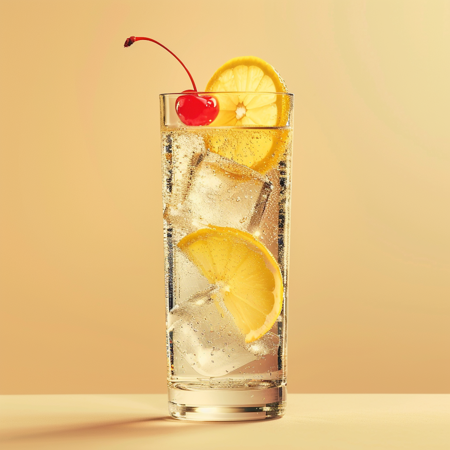 Elegant Sparkling Beverage with Lemon and Cherry