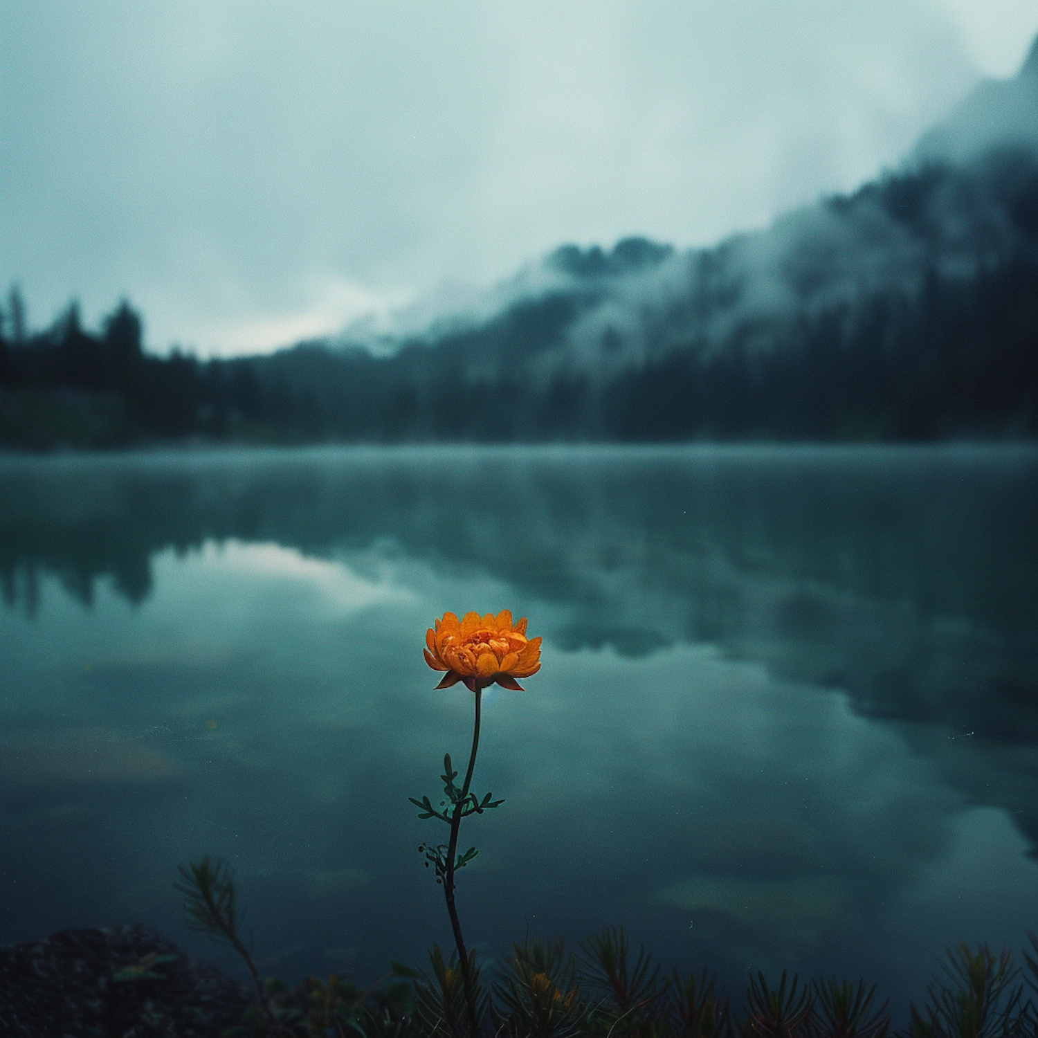 Solitary Orange Flower at Dawn/Dusk