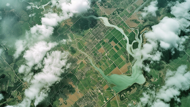 Serpentine Turquoise River Amidst Patchwork Farmlands