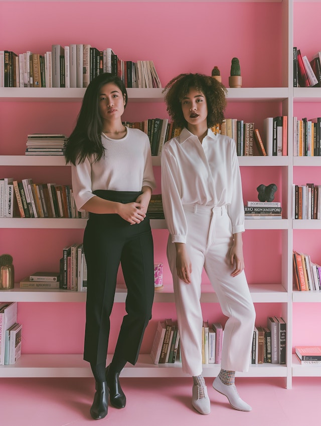 Confident Women in front of a Pink Bookshelf