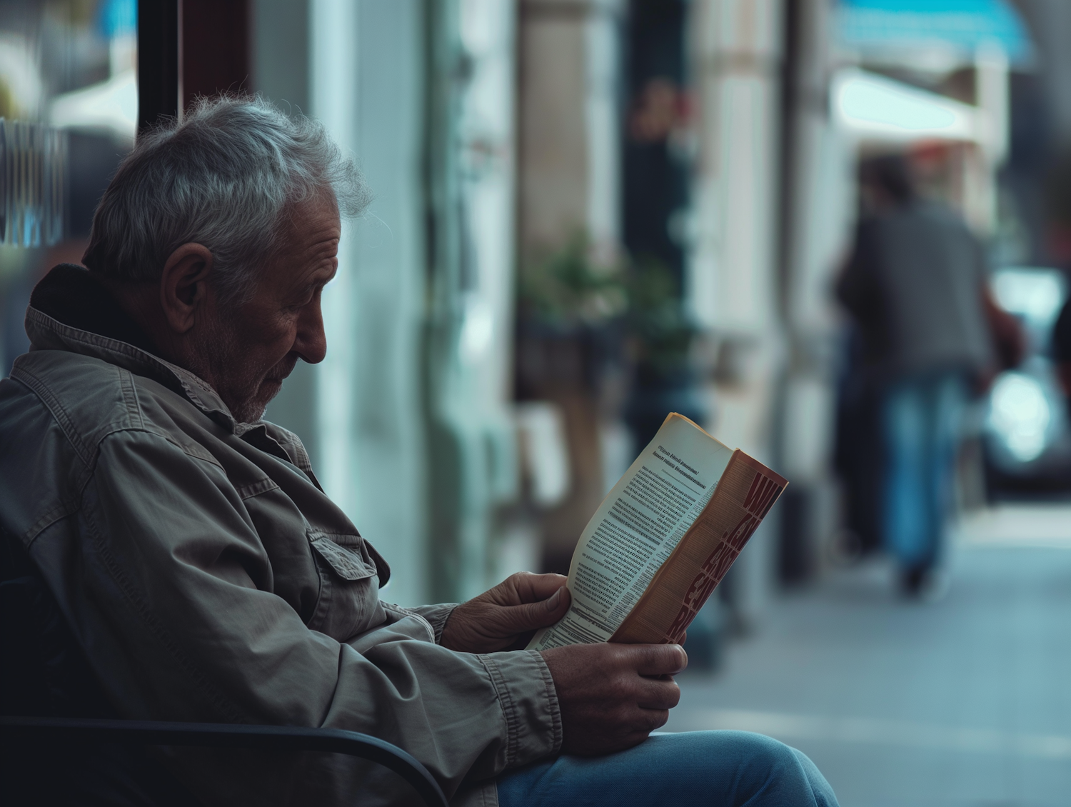 Elderly Man Reading in Public Space