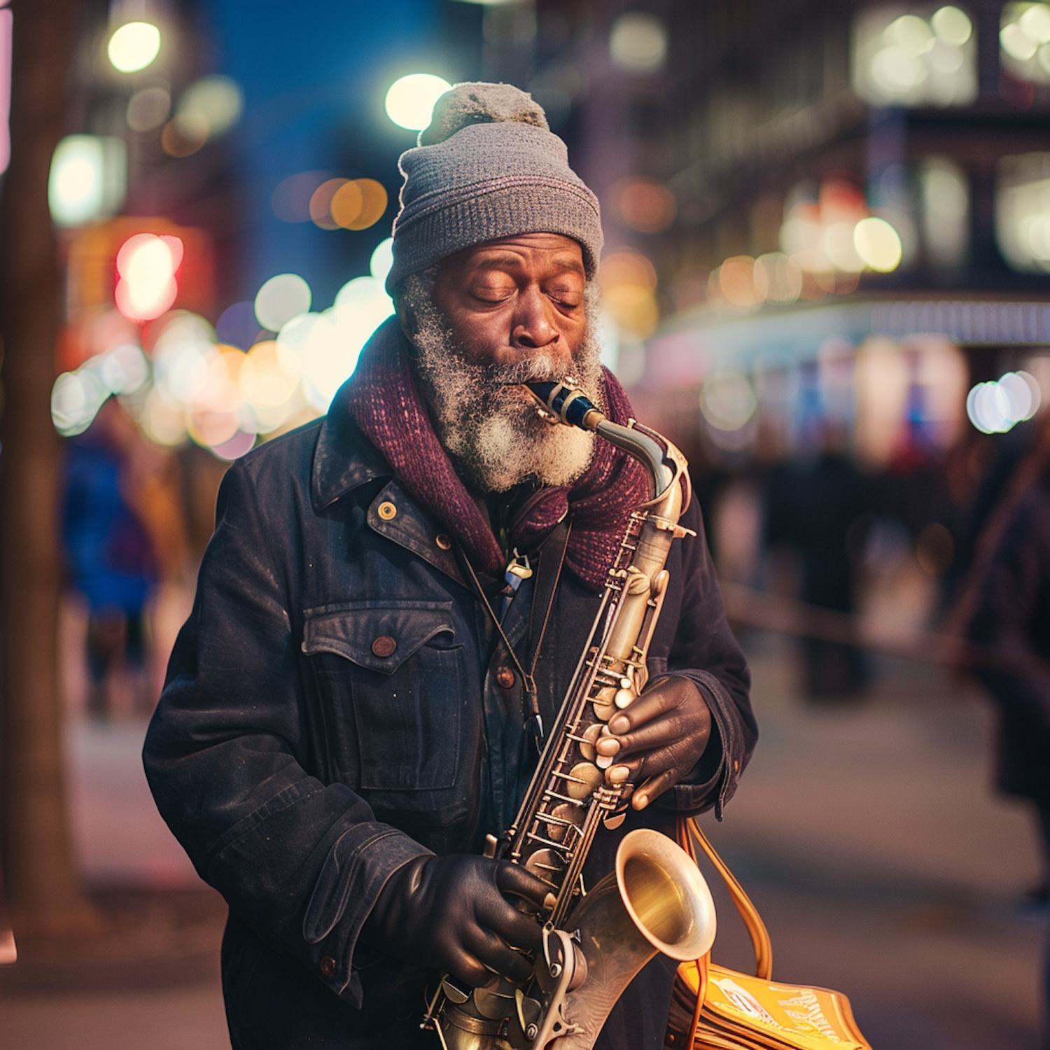 Elderly Man Playing Saxophone on City Street at Night