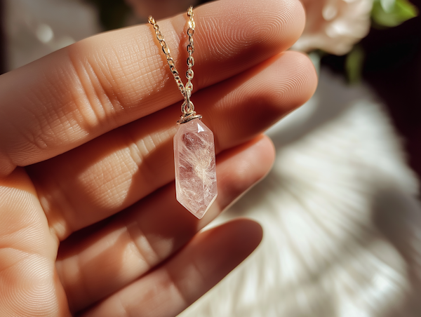 Graceful Fingers Holding Pink Crystal Pendant