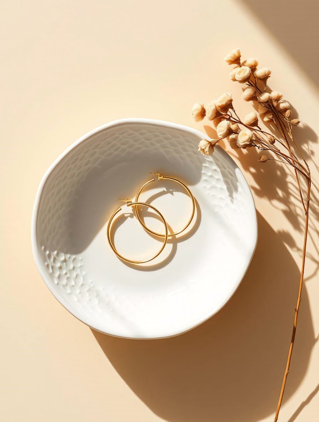 Gold Hoop Earrings in Ceramic Dish