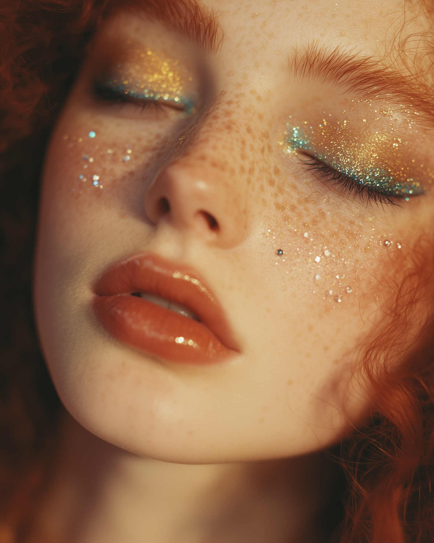 Close-up of Freckled Face with Artistic Makeup