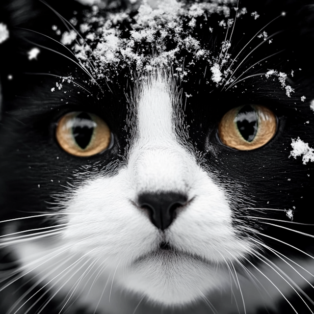 Close-up of Black and White Cat with Snowflakes