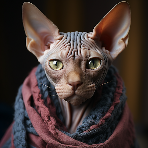 Golden-Eyed Sphynx in a Cozy Scarf