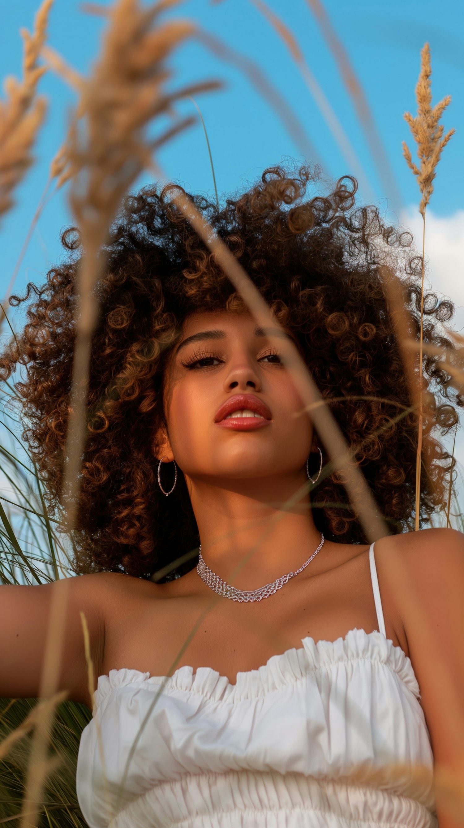 Young Woman with Curly Hair in Natural Setting