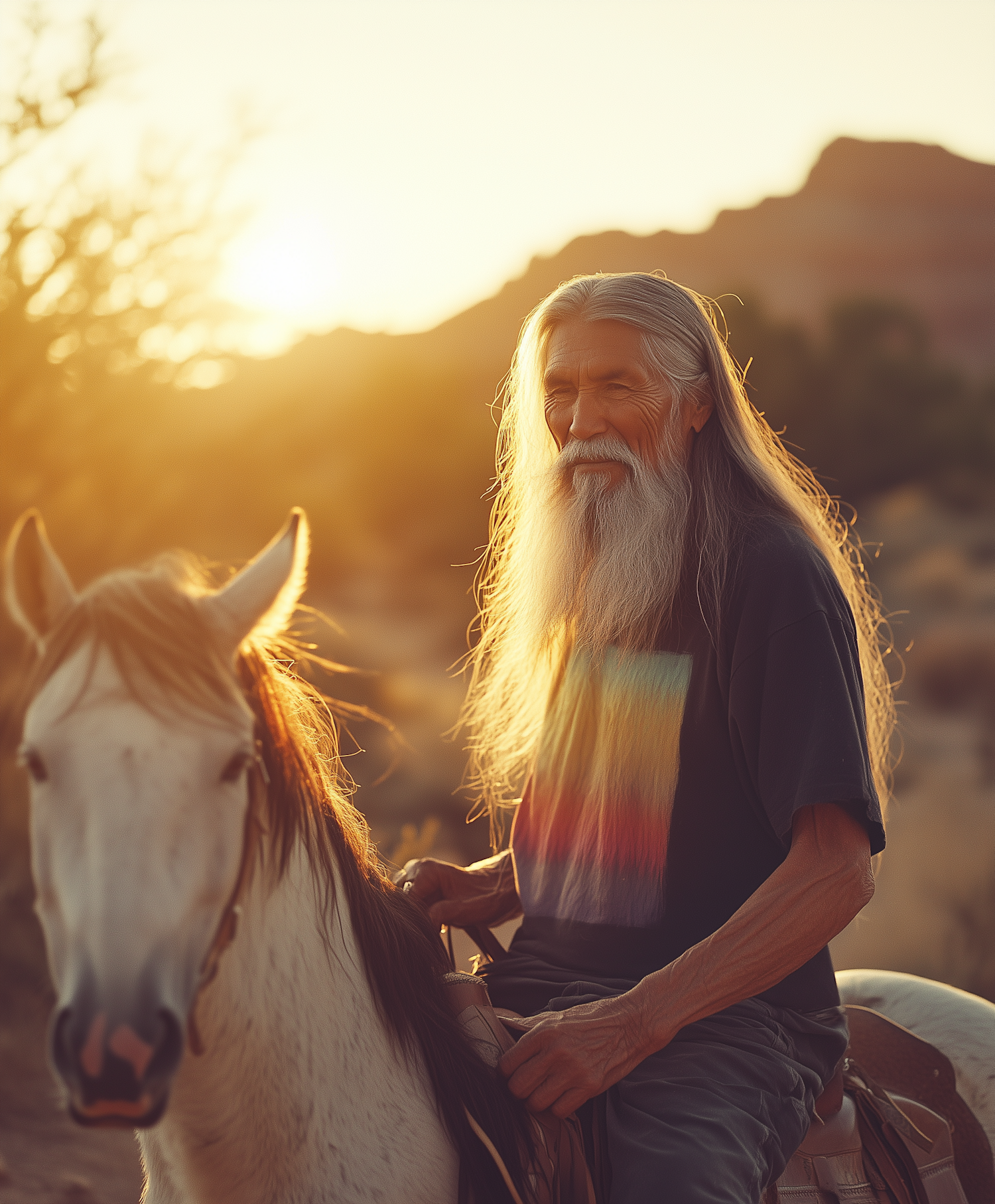 Elderly Man Riding White Horse at Sunset