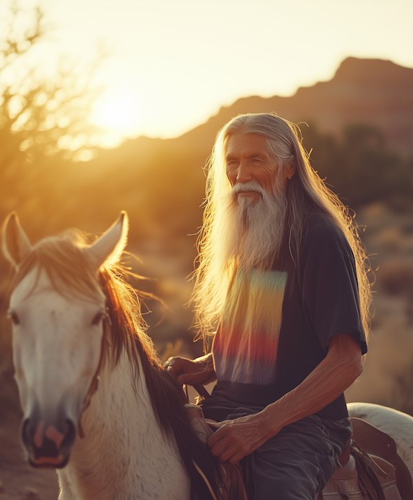 Elderly Man Riding White Horse at Sunset