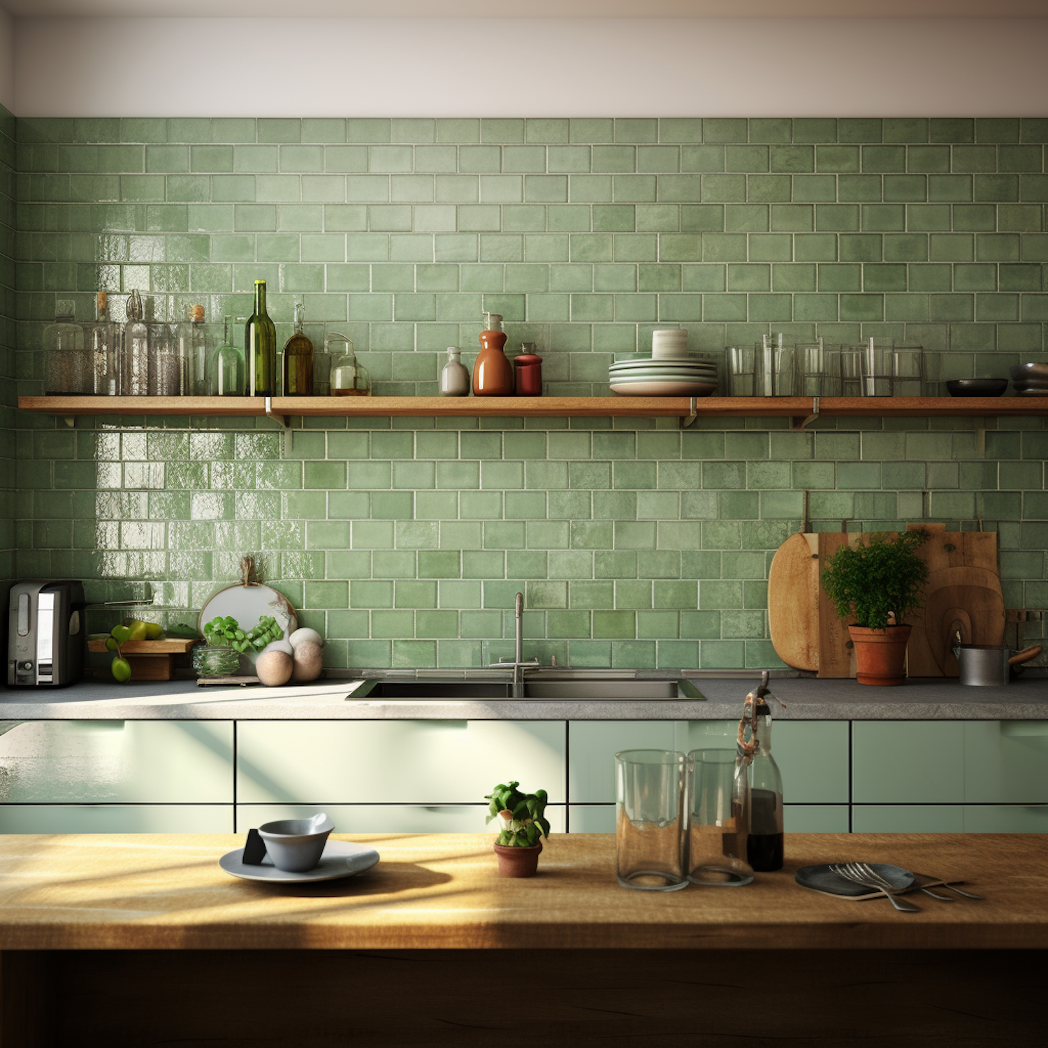 Serene Green-Backsplash Modern Kitchen