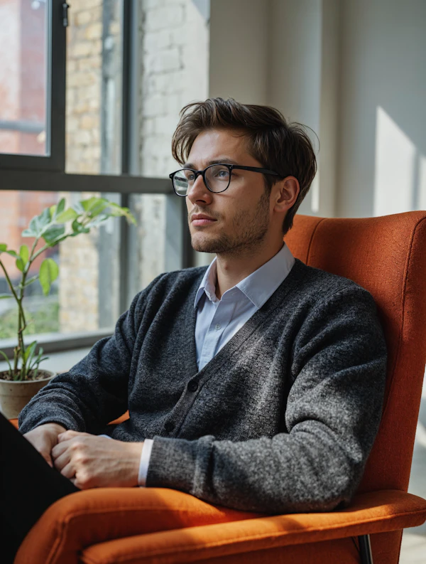 Contemplative Man in Orange Chair