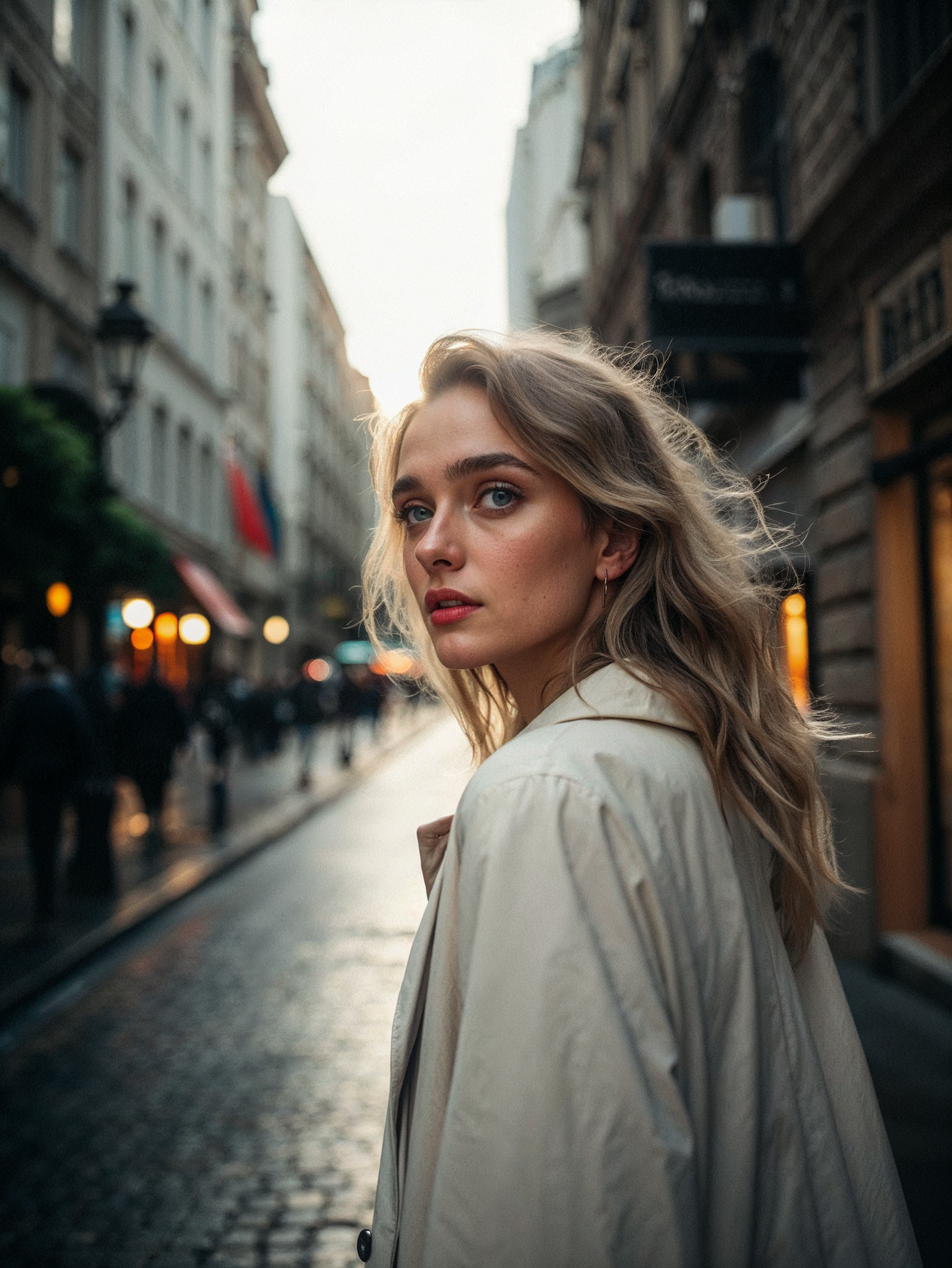 Contemplative Woman on Urban Street