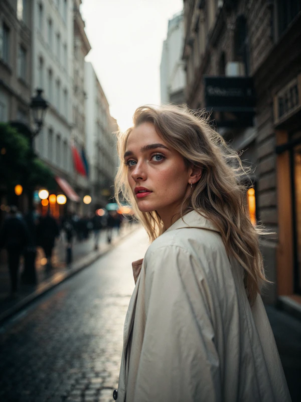 Contemplative Woman on Urban Street
