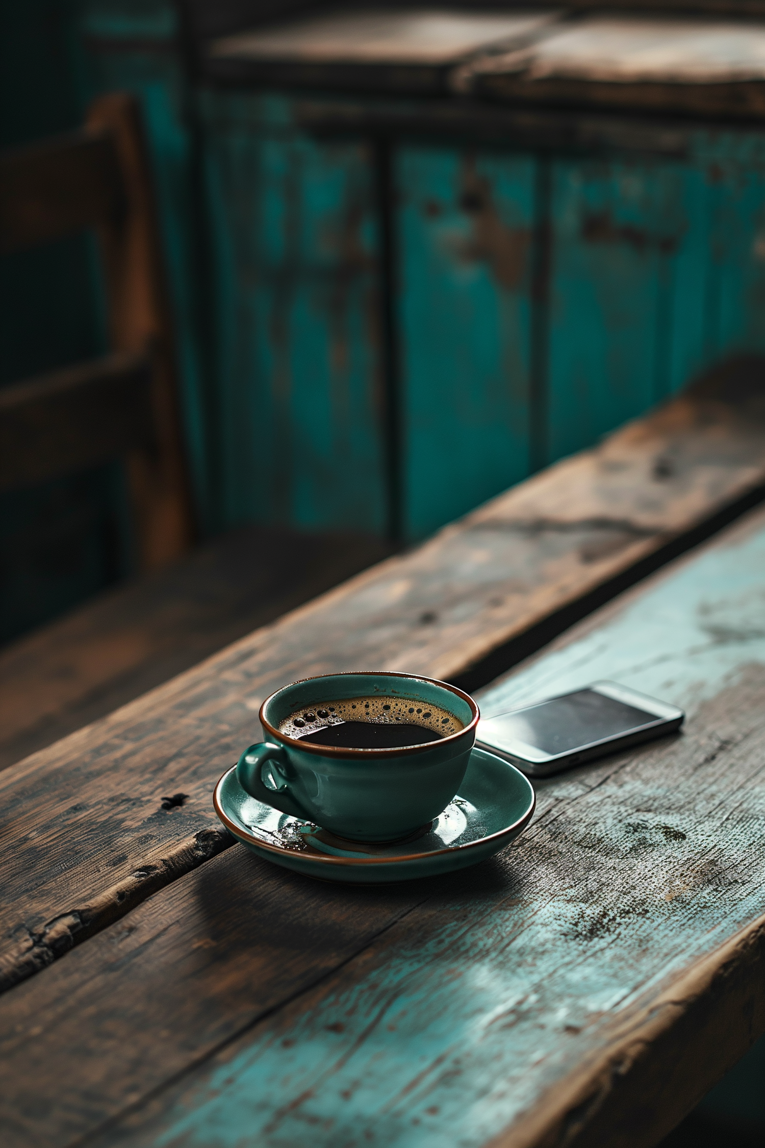 Steaming Teal Cup with Black Coffee on a Rustic Table