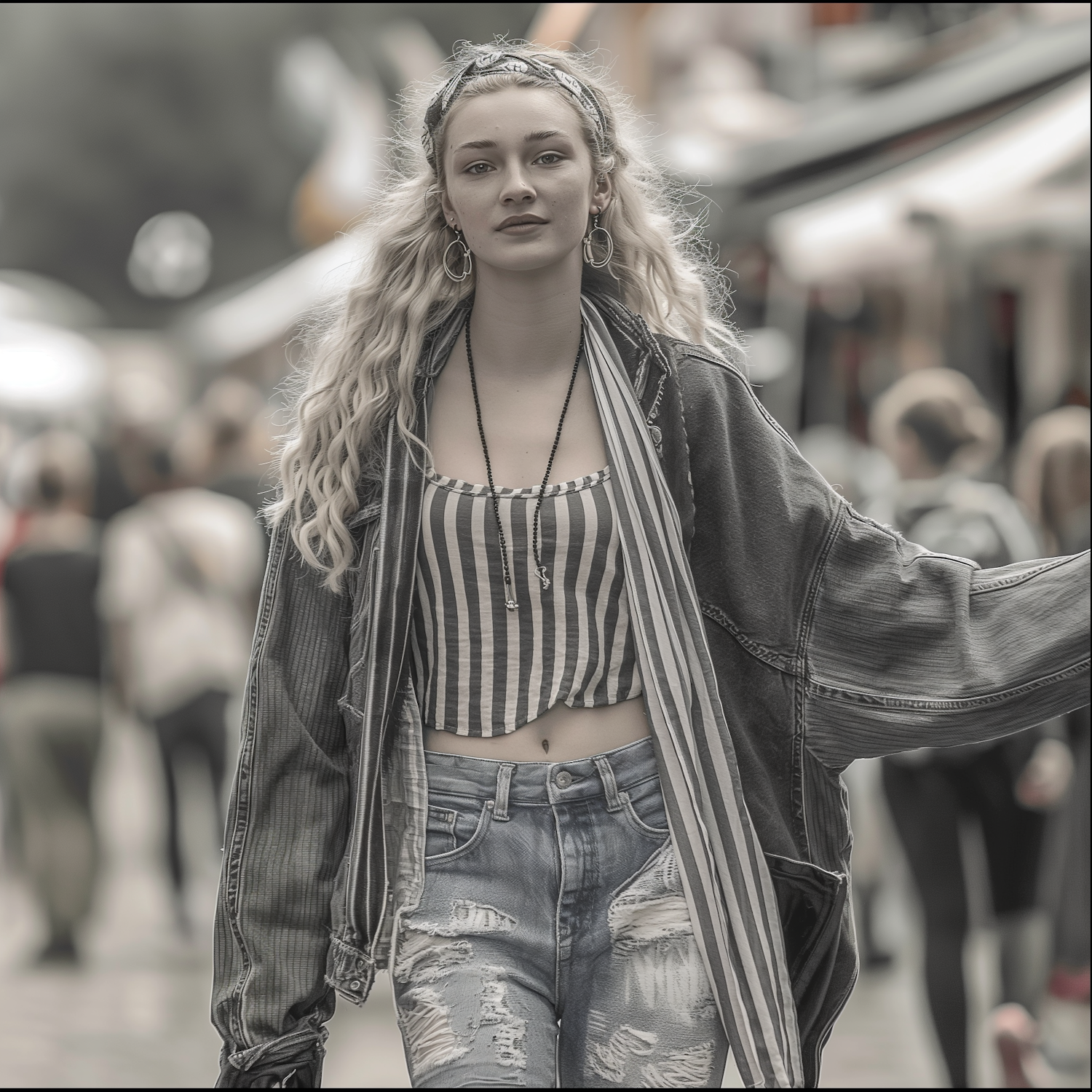 Confident Young Woman in Bustling Street