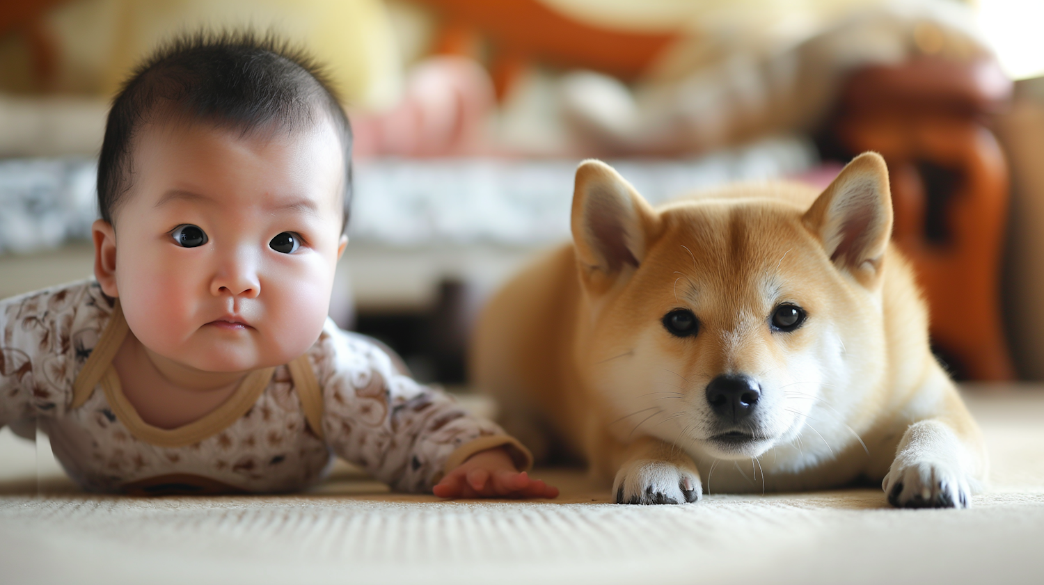 Baby and Shiba Inu Side by Side