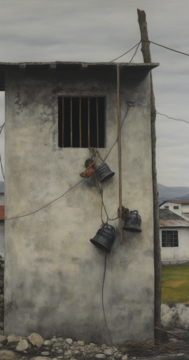 Aged Concrete Tower with Barred Window and Hanging Buckets