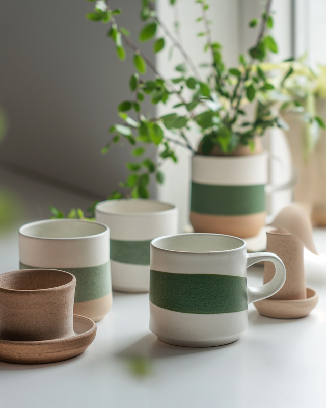 Serenity in Ceramics - Rustic Green-Striped Mug Set with Lush Foliage